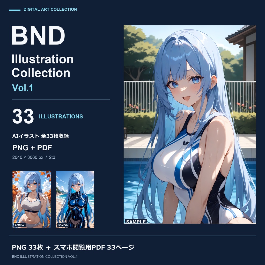 【AIイラスト33枚】青髪美少女イラスト集 Vol.1|PNG+PDF