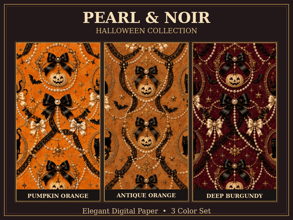 Pearl & Noir｜Elegant Halloween Digital Paper ― Black Cat & Pearl Collection ― 3 Color Setd