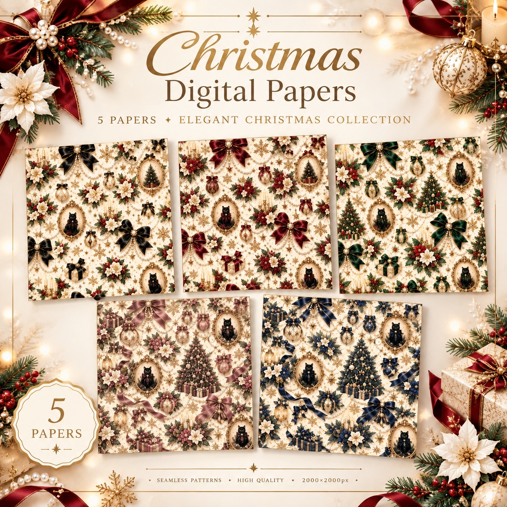 Pearl & Noir｜Christmas Cat Collection｜5 Digital Papers