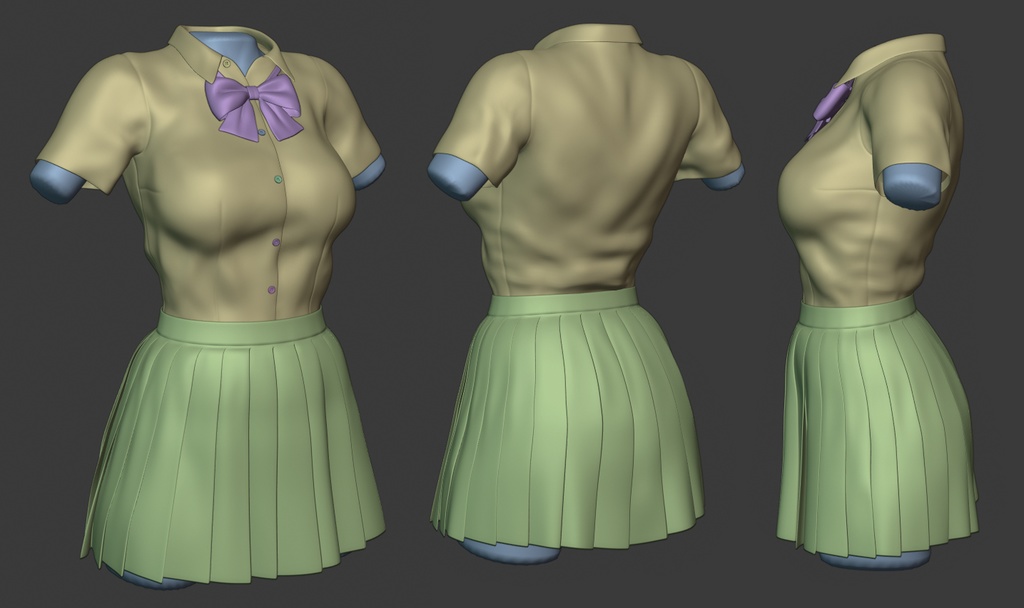 3Dモデル JKブラウス・スカート・リボン 3点セット