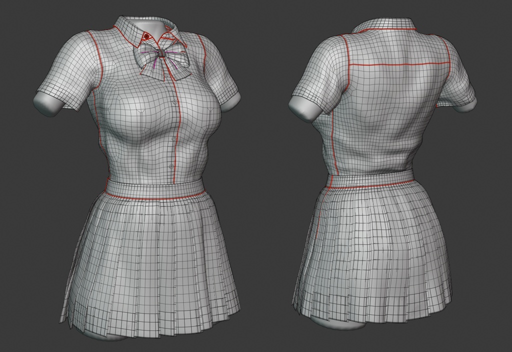 3Dモデル JKブラウス・スカート・リボン 3点セット