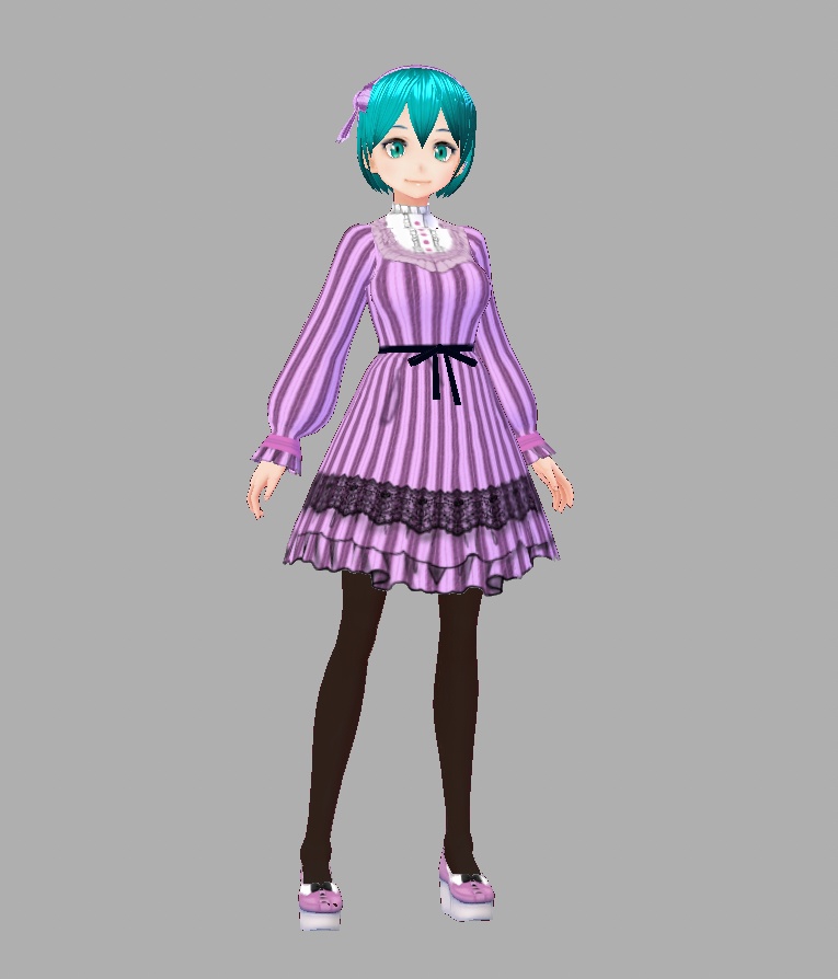 (無料版あり)ストライプフリルワンピースとリボンタイシューズ