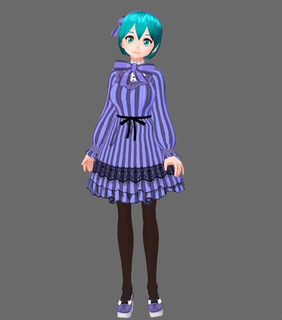 (無料版あり)ストライプフリルワンピースとリボンタイシューズ