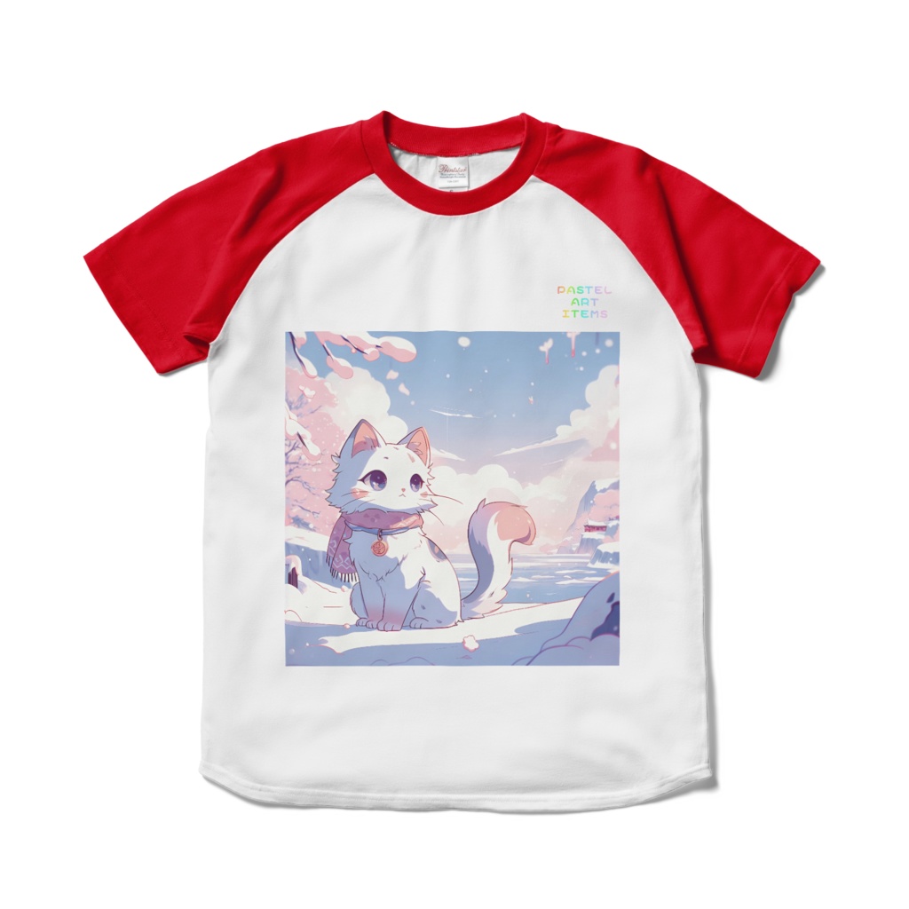 ラグランTシャツ(前面プリントのみ)赤×白 ねこ
