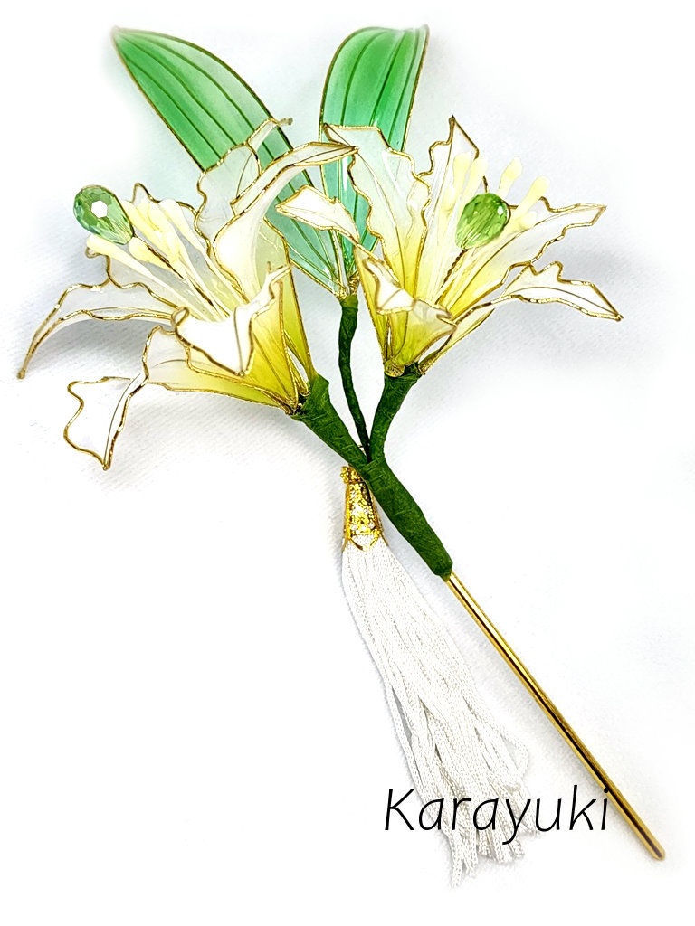 二輪の百合のかんざし 白×黄色