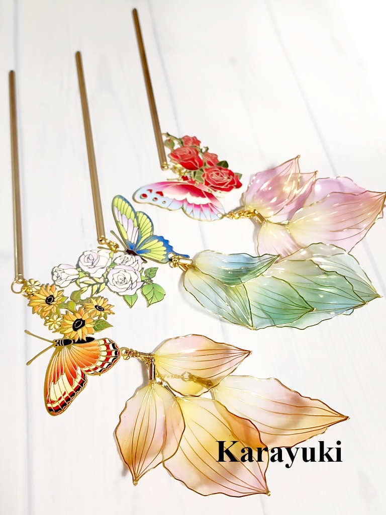 蝶と花と花びらのかんざし 3種各1つのみ