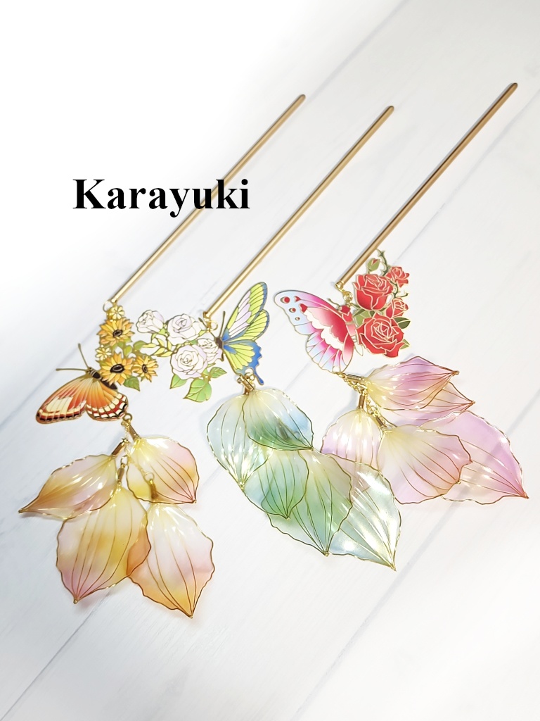 蝶と花と花びらのかんざし 3種各1つのみ
