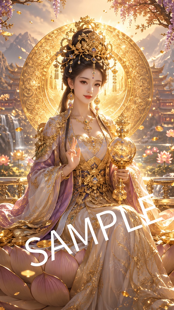 吉祥天｜開運スマホ壁紙 DL版 4サイズ収録 iPhone Android対応 女神 天女 仏画 蓮 福徳 金運 縁起物 和風 ゴールド 待ち受け デジタルデータ