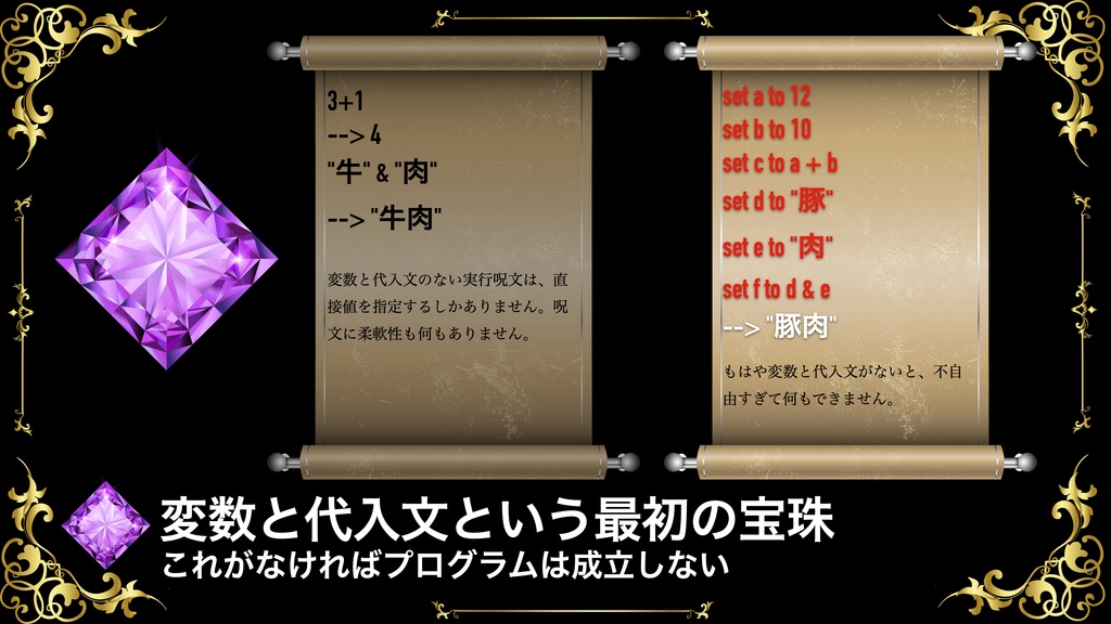 AppleScript
7つの宝珠 第1の宝珠 変数と代入文