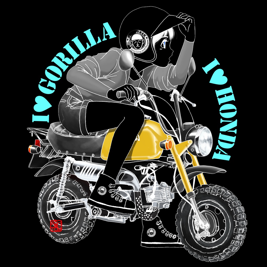 【ホンダゴリラを駆る娘】ネガ黒Tシャツ(背面プリント)