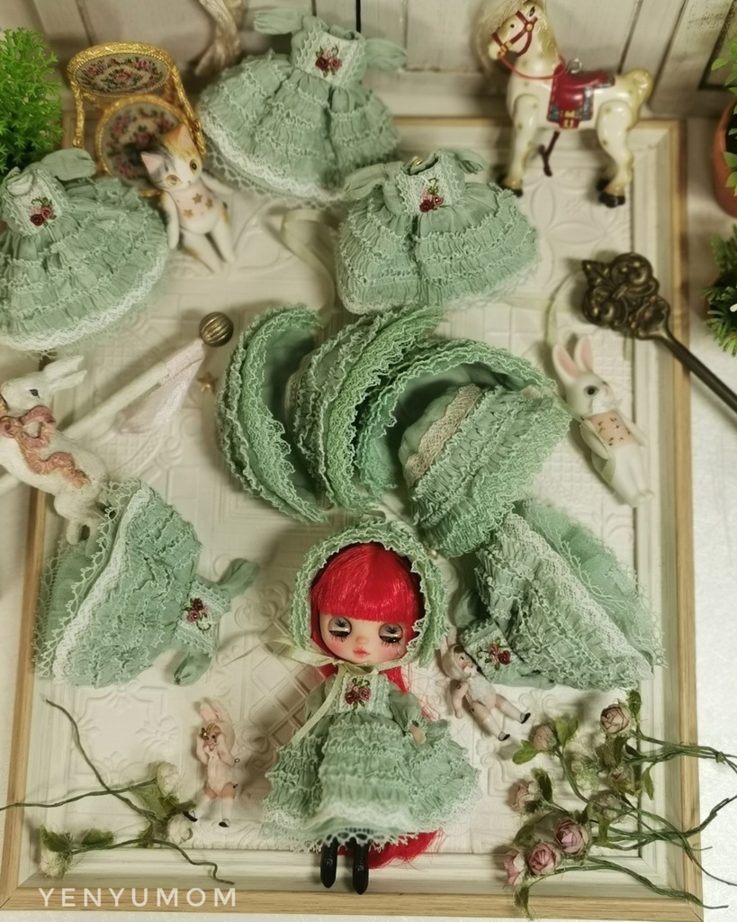 【グリーンレース ドレス セット / プチブライス】Yenyumom