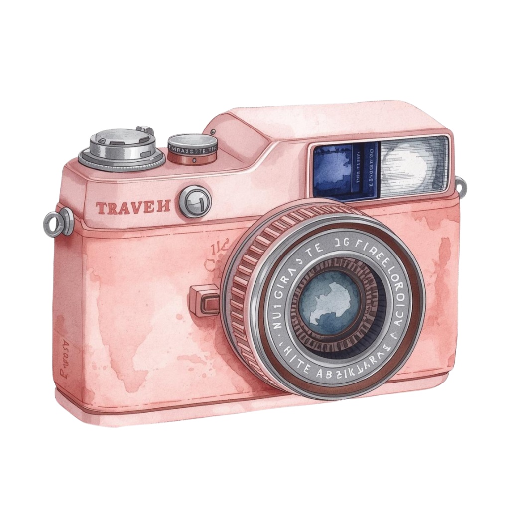 水彩タッチの旅する女の子クリップアート|ピンクで可愛い旅行テーマ11点セット|PNG背景透過