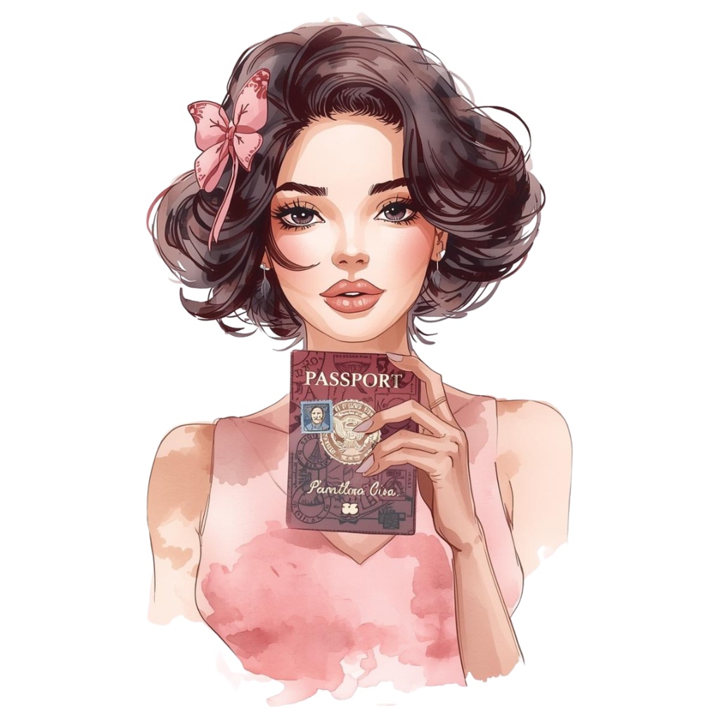 水彩タッチの旅する女の子クリップアート|ピンクで可愛い旅行テーマ11点セット|PNG背景透過