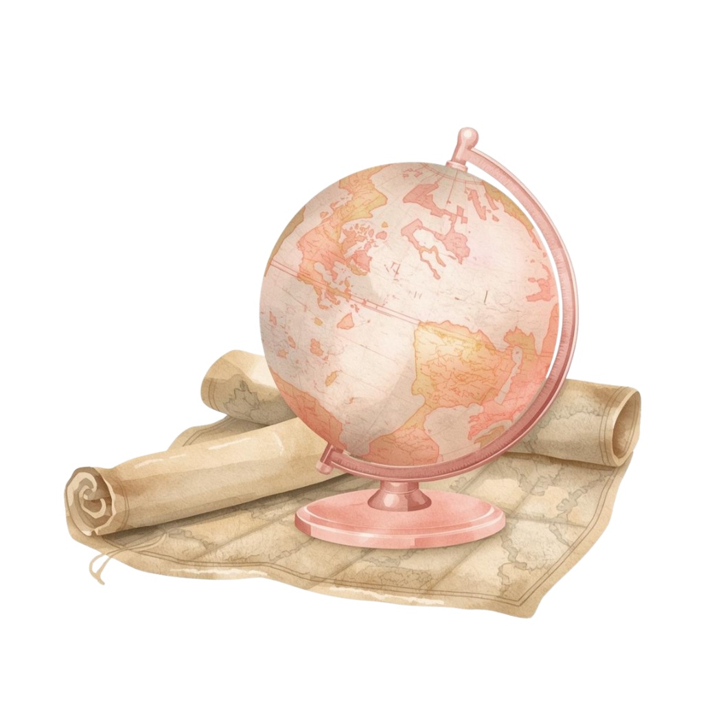 水彩タッチの旅する女の子クリップアート|ピンクで可愛い旅行テーマ11点セット|PNG背景透過