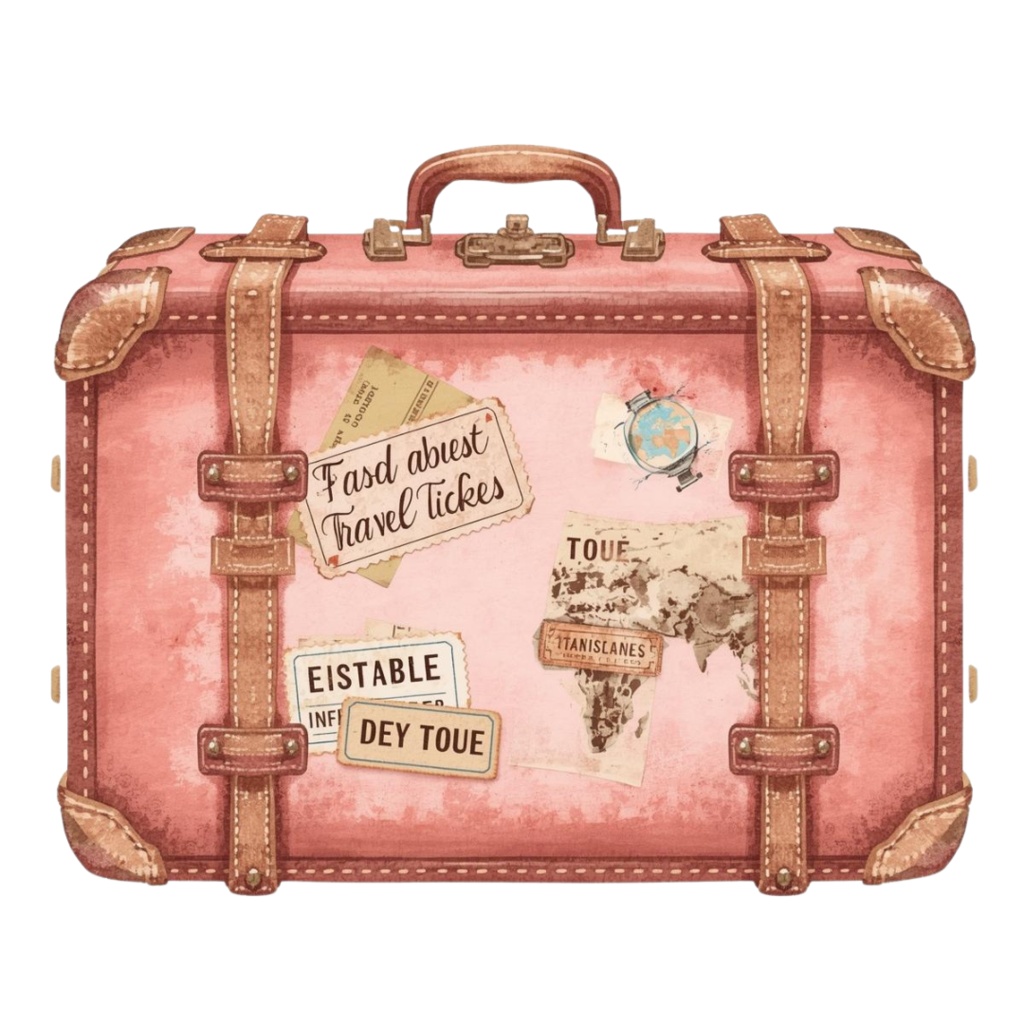 水彩タッチの旅する女の子クリップアート|ピンクで可愛い旅行テーマ11点セット|PNG背景透過