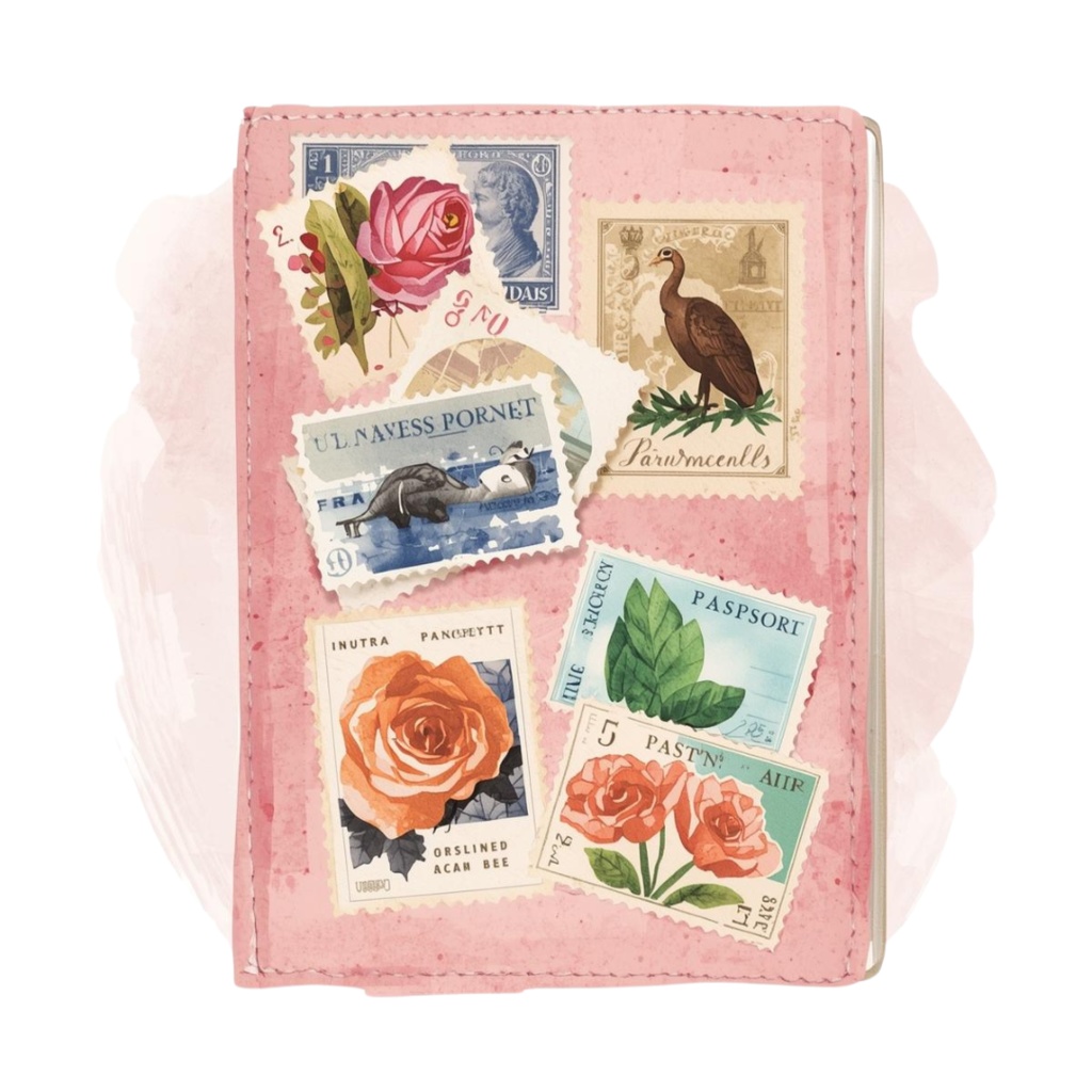 水彩タッチの旅する女の子クリップアート|ピンクで可愛い旅行テーマ11点セット|PNG背景透過