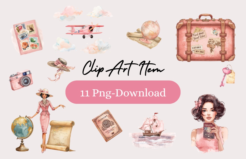 水彩タッチの旅する女の子クリップアート|ピンクで可愛い旅行テーマ11点セット|PNG背景透過