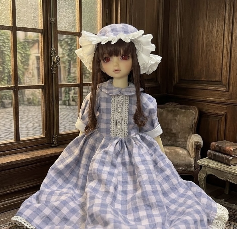 【1/4ドール服】おやすみお嬢様♡ギンガムチェックワンピース＆フリルナイトキャップ