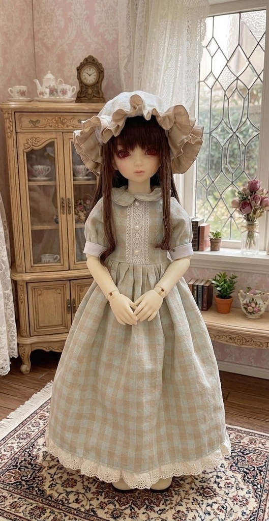 【1/4ドール服】おやすみお嬢様♡ギンガムチェックワンピース＆フリルナイトキャップ