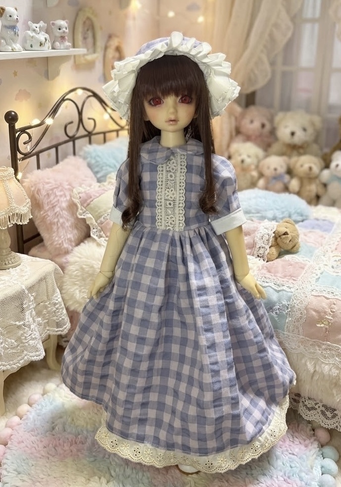 【1/4ドール服】おやすみお嬢様♡ギンガムチェックワンピース＆フリルナイトキャップ