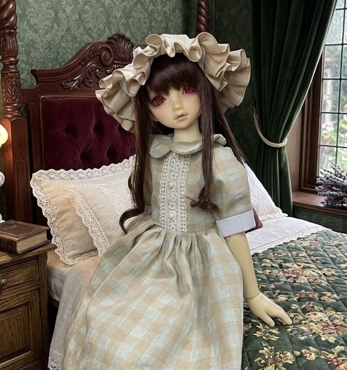 【1/4ドール服】おやすみお嬢様♡ギンガムチェックワンピース＆フリルナイトキャップ