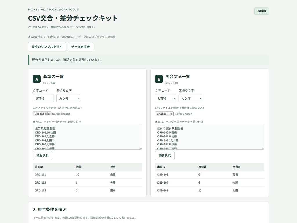 CSV突合・差分チェックキット|ローカルHTML・有料版