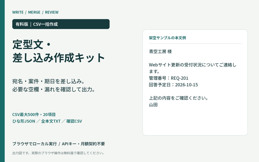定型文・差し込み作成キット — 有料版：CSV一括作成