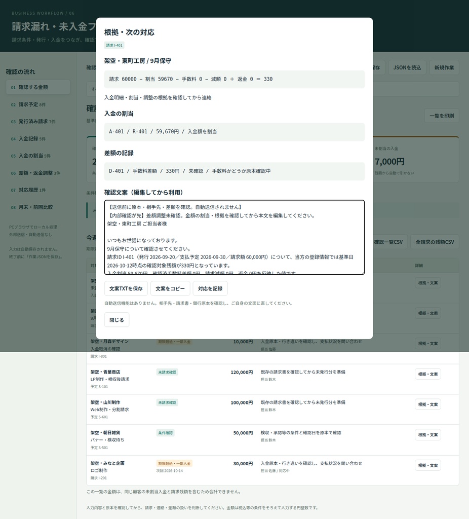 請求漏れ・未入金フォロー管理キット|請求条件・部分入金・差額・月末フォローを確認するPC用ツール