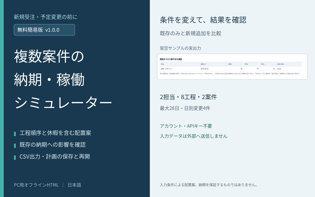 複数案件の納期・稼働シミュレーター｜無料簡易版・PC用オフラインHTML