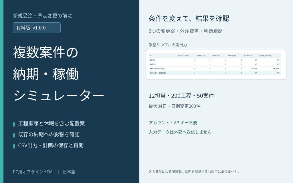 複数案件の納期・稼働シミュレーター|比較案・判断履歴つき有料版・PC用オフラインHTML