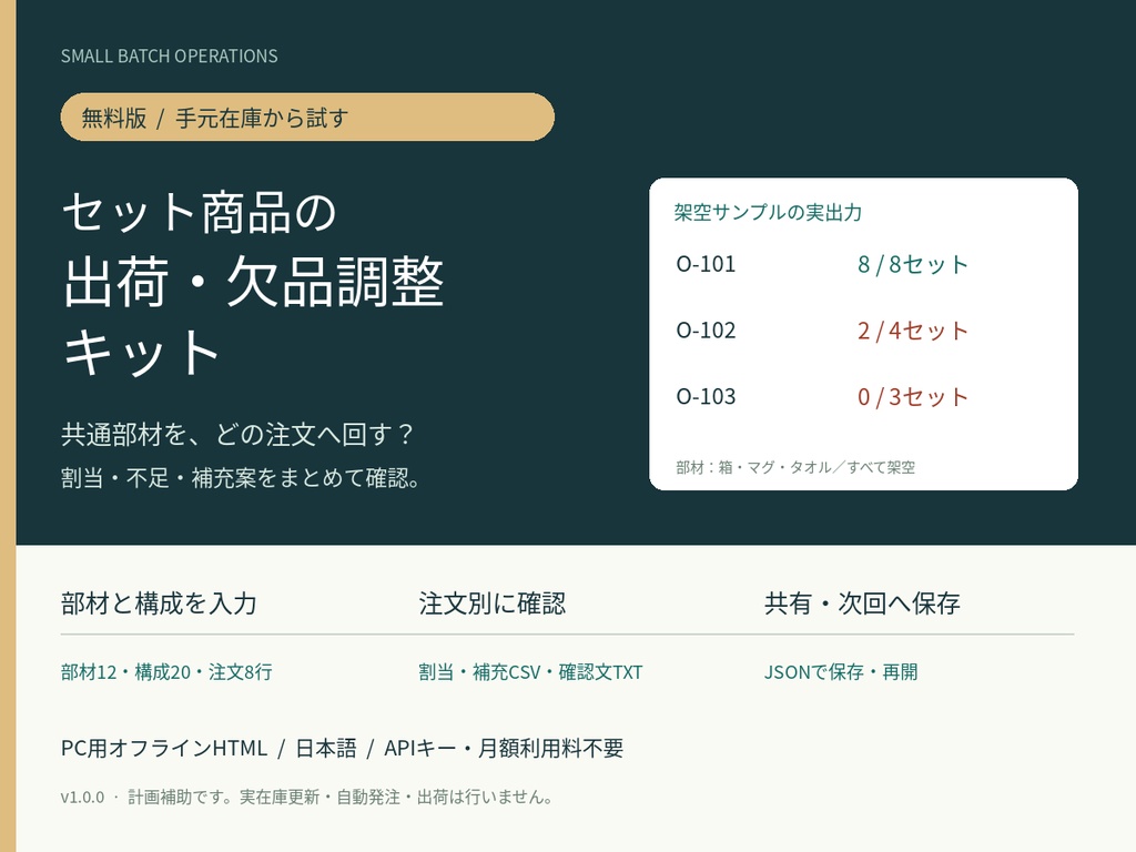 セット商品の出荷・欠品調整キット 無料版
