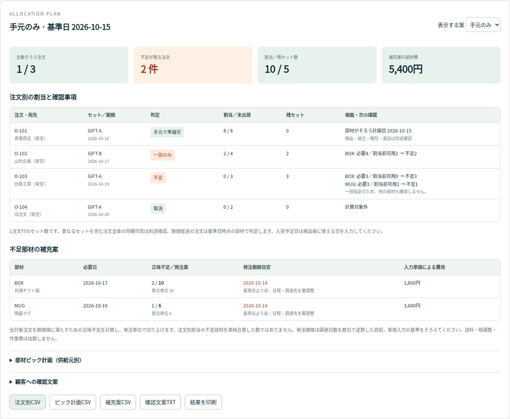 セット商品の出荷・欠品調整キット 無料版