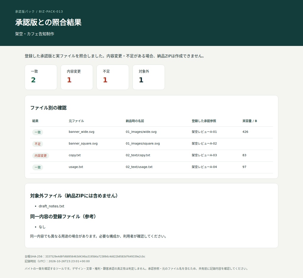 承認版パック|5ファイルで納品ZIPまで試せる【無料版】