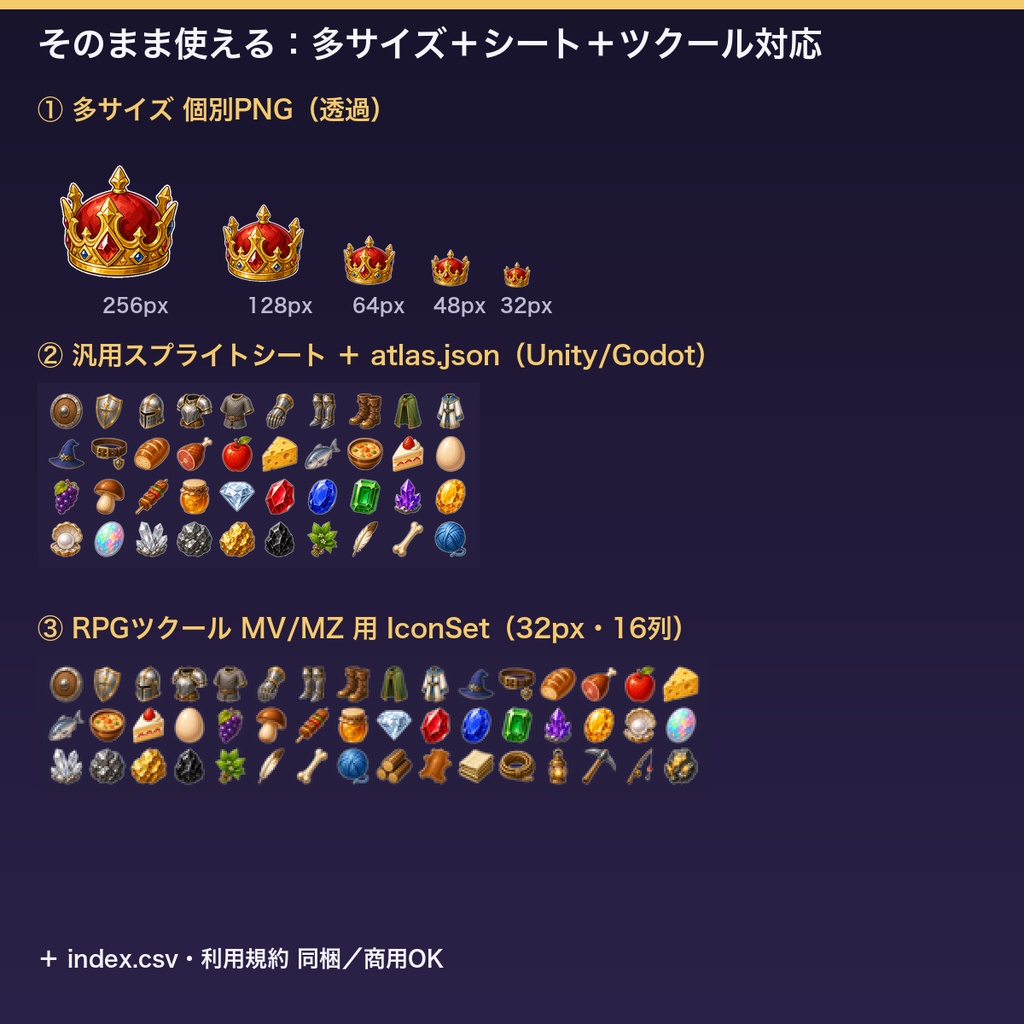 【ゲーム素材】ファンタジーRPG アイテムアイコン96種|透過PNG・多サイズ・ツクール/Unity/Godot対応