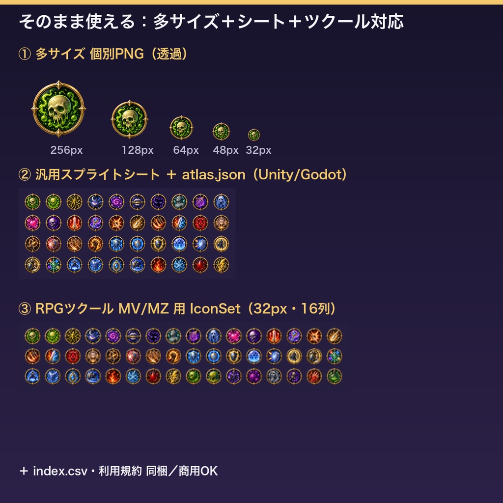 ステータス効果・バフデバフ アイコン素材集(全96種・透過PNG)