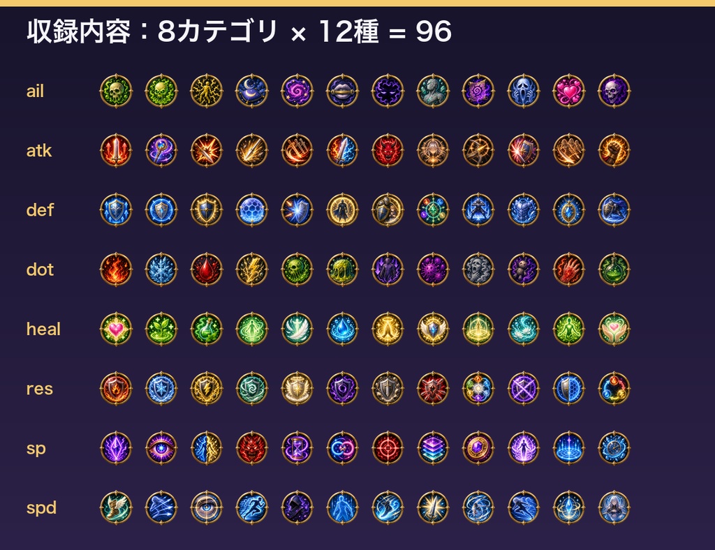 ステータス効果・バフデバフ アイコン素材集(全96種・透過PNG)