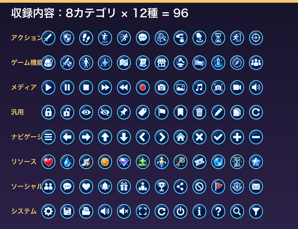 ゲームUI・システムアイコン素材集(全96種・透過PNG)
