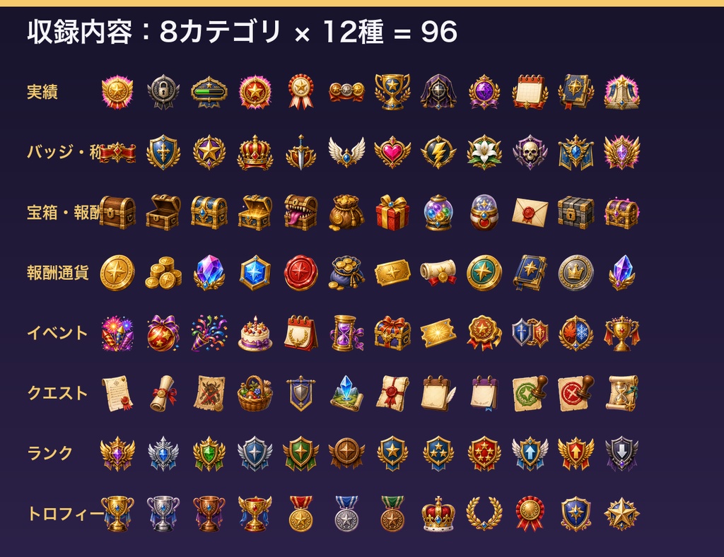 クエスト・報酬・実績アイコン素材集(全96種・透過PNG)