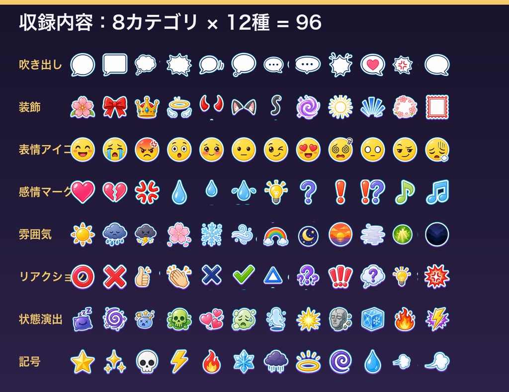 感情・吹き出し・演出アイコン素材集(全96種・透過PNG)