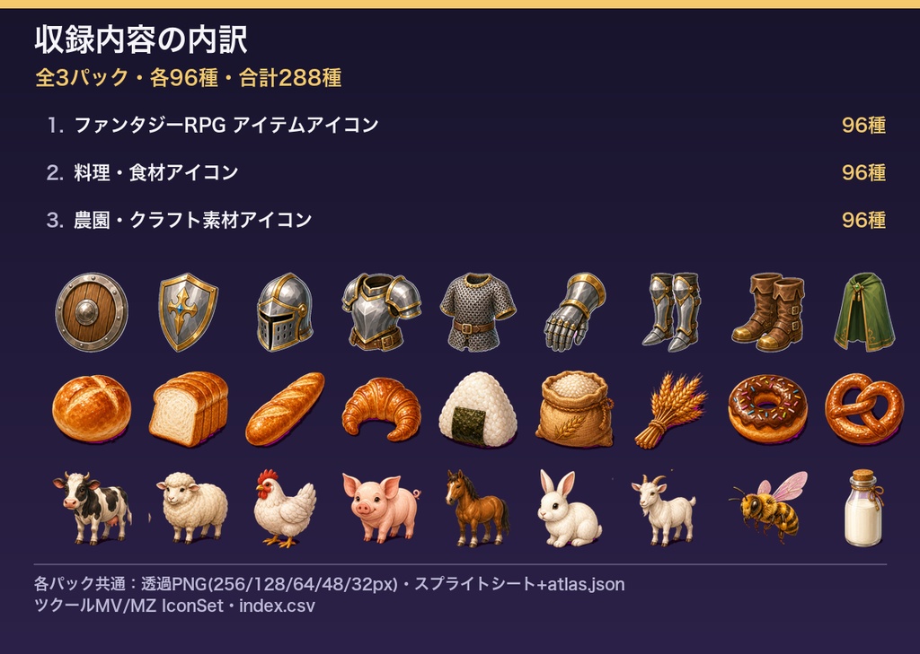 料理・クラフトセット(3パック・全288種・透過PNG)