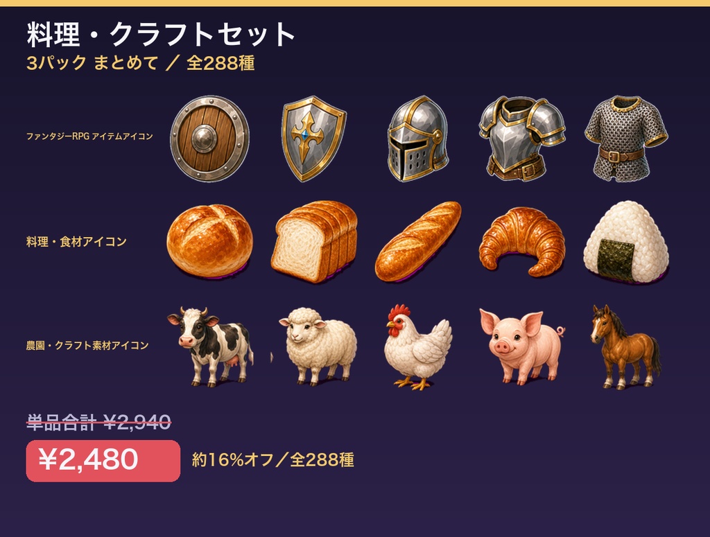 料理・クラフトセット(3パック・全288種・透過PNG)