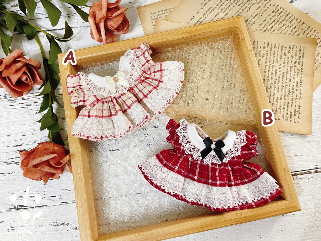 【10cmぬいぐるみ・ぬい服】Little Fairy Tale・チェック柄ワンピース(赤)
