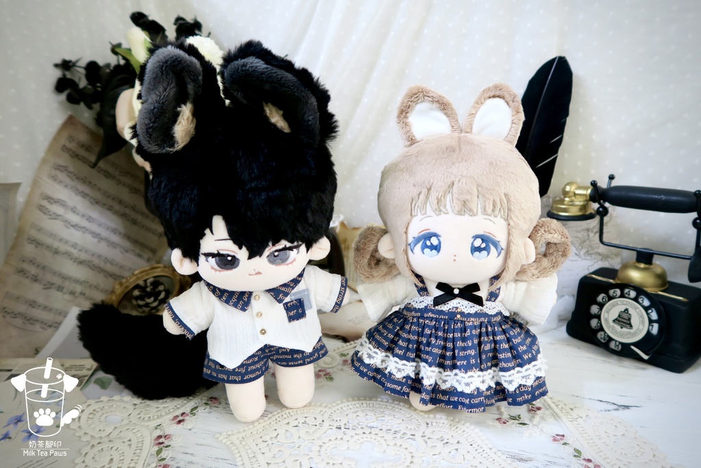 【20cmぬいぐるみ・ぬい服】Mono Whisper・英字柄シャツセット・ジャンスカセット(2色)