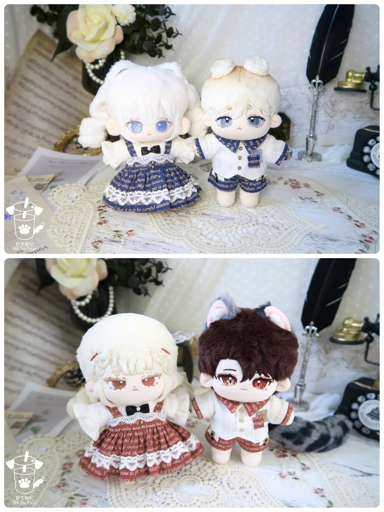 【15cmぬいぐるみ・ぬい服】Mono Whisper・英字柄シャツセット・ジャンスカセット（2色）