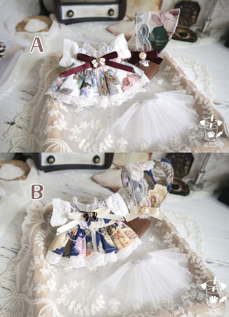 【10cmぬいぐるみ・ぬい服】Charlotte's Reverie・クラシックお花ワンピースセット（２色）