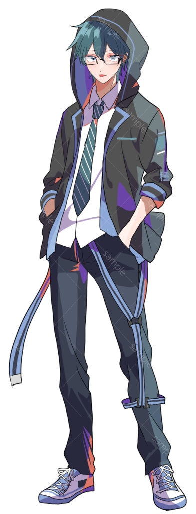 立ち絵素材 緑髪/眼鏡/ブレザー/パーカー/ネクタイ