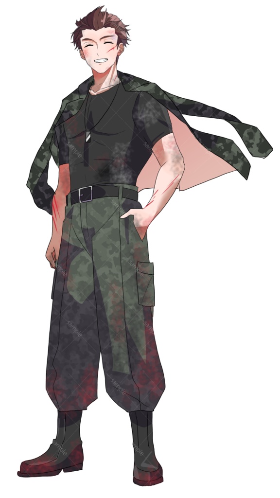 立ち絵素材 茶髪/赤髪/軍人/戦闘/オールバック/ミリタリー/上着