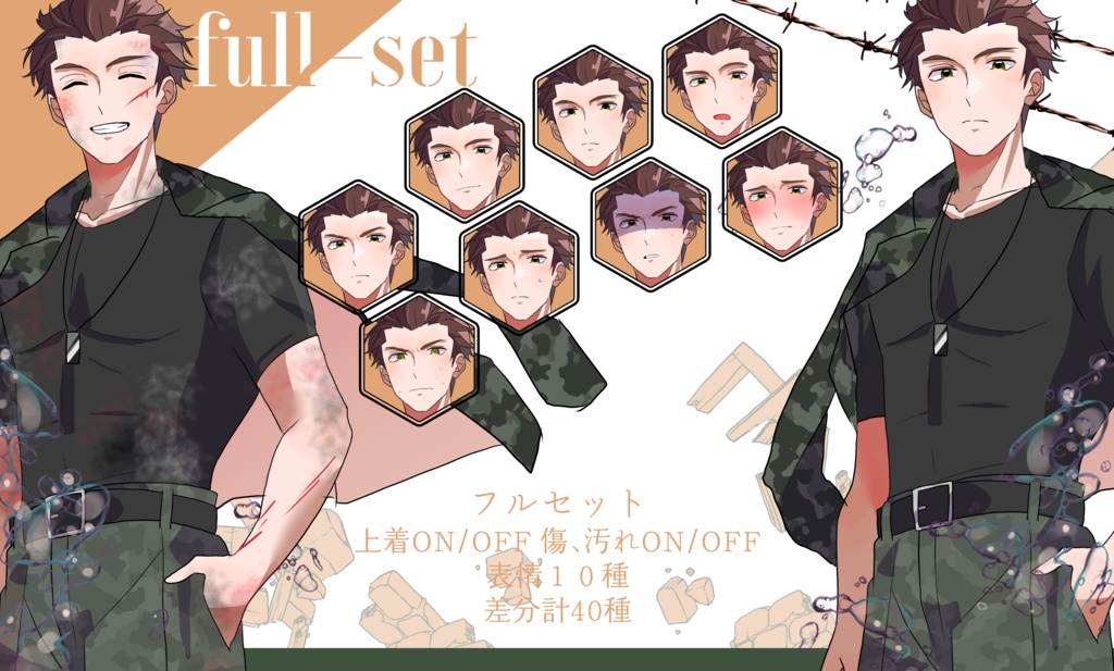 立ち絵素材 茶髪/赤髪/軍人/戦闘/オールバック/ミリタリー/上着