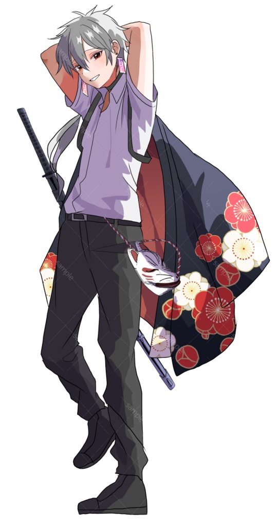 立ち絵素材 白髪/和服/学生/日本刀/赤目/狐面/長髪/