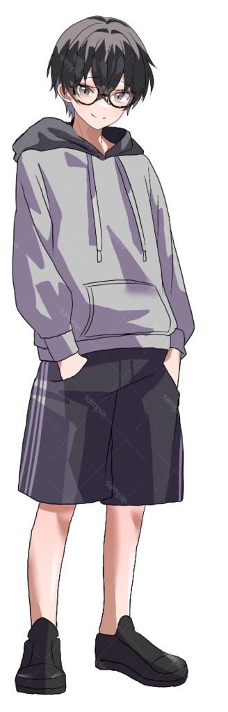 立ち絵素材 黒髪/黄目/パーカー/怪我/眼鏡/少年